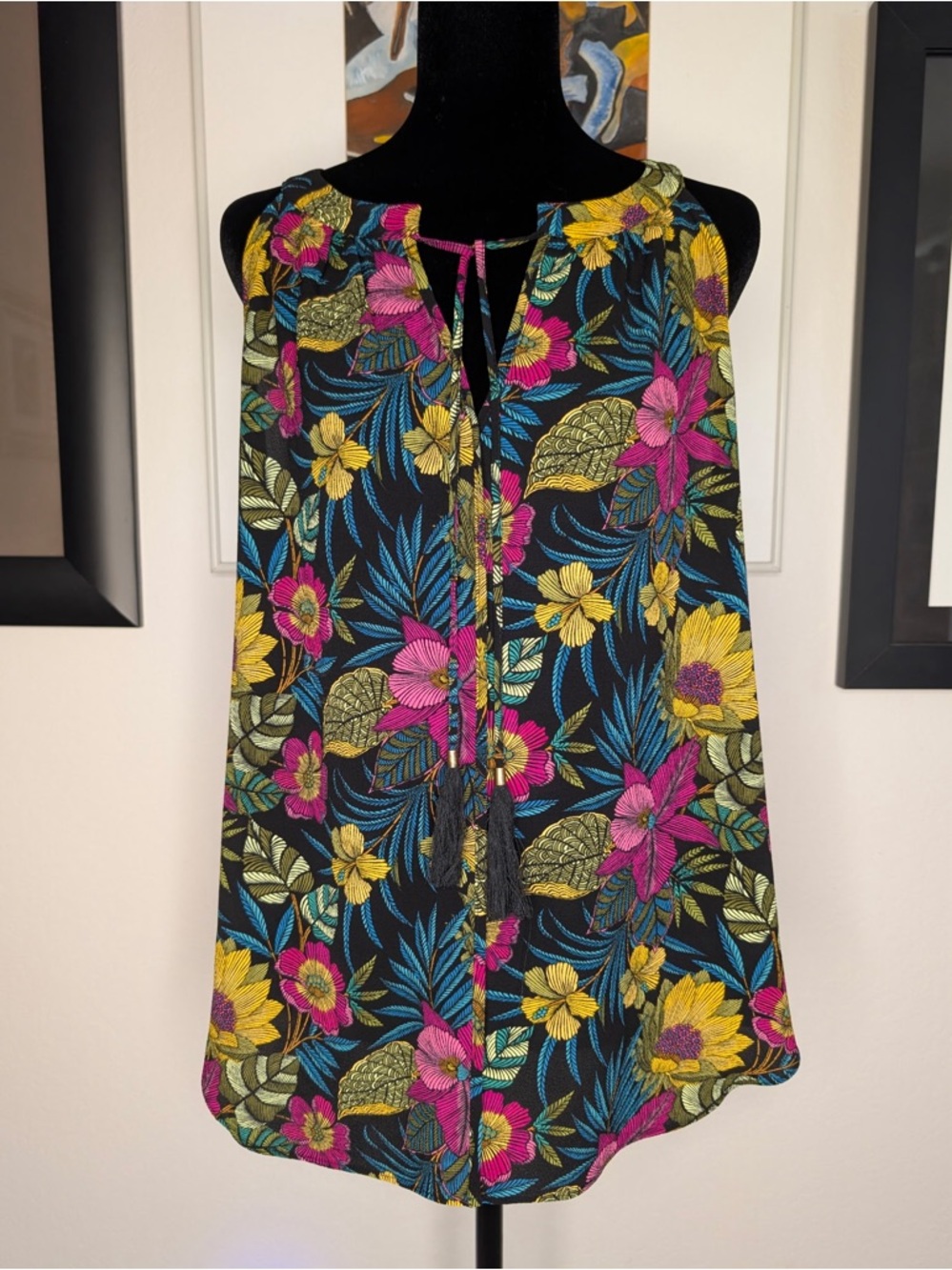 Rose & Olive Black Floral Tie-Neck Sleeveless Camisole with Pink & Yellow Blooms